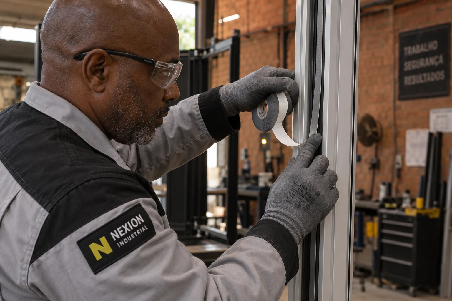 Cena ilustrativa em close lateral: técnico com uniforme Nexion aplica fita adesiva em um perfil vertical de alumínio.